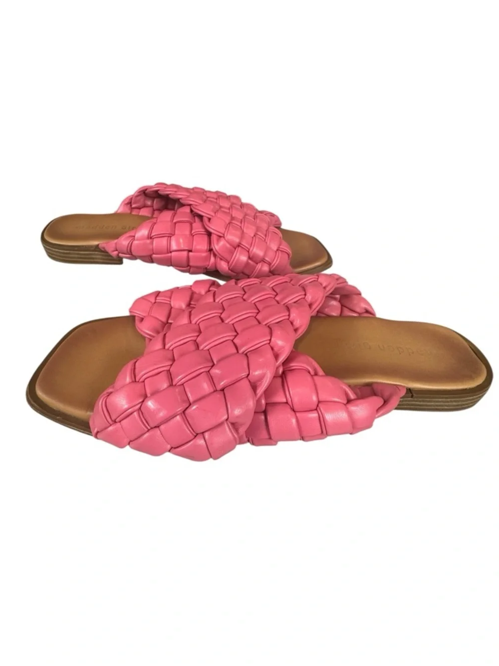 Steve Madden Bubblegum Pink Woven Slide Sandals Square Toe Slip On Size 8.5